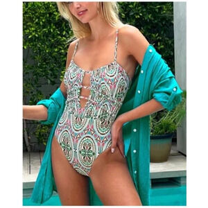 NEW Becca Mosaic Shirred Front One Piece Swimsuit Womens Size Large $138